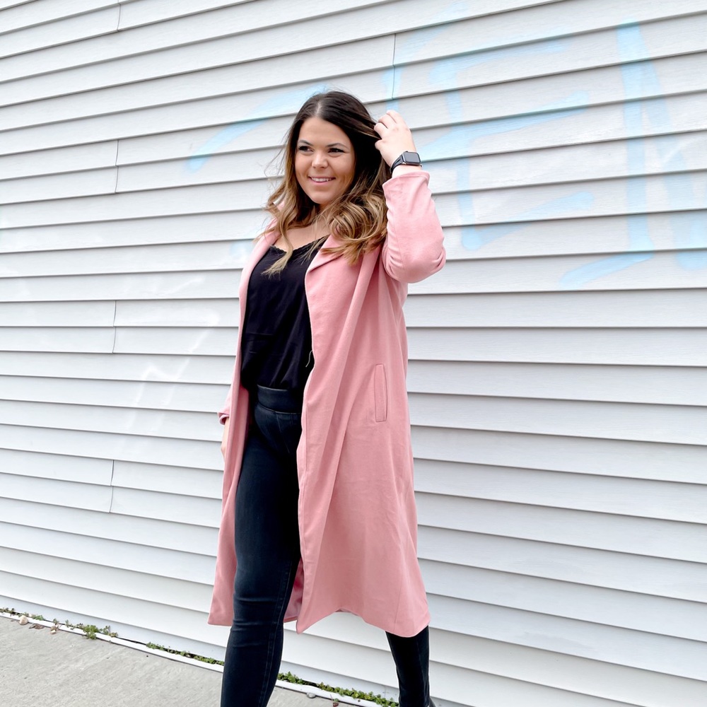 Pink suede open front trench coat
